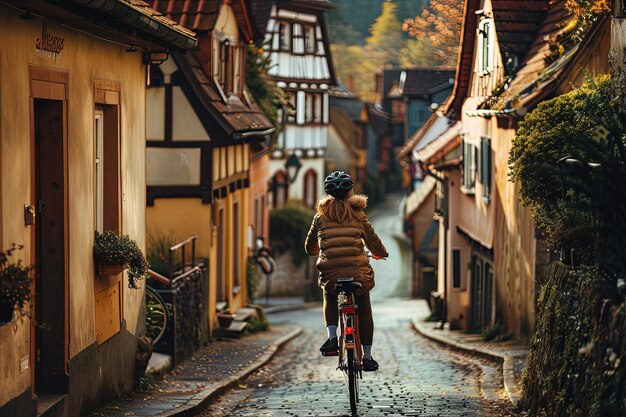 Une personne sur un vélo dans une rue pavée.