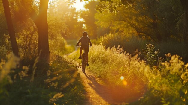 Une personne à vélo sur un sentier de lumière du soleil à travers le parc