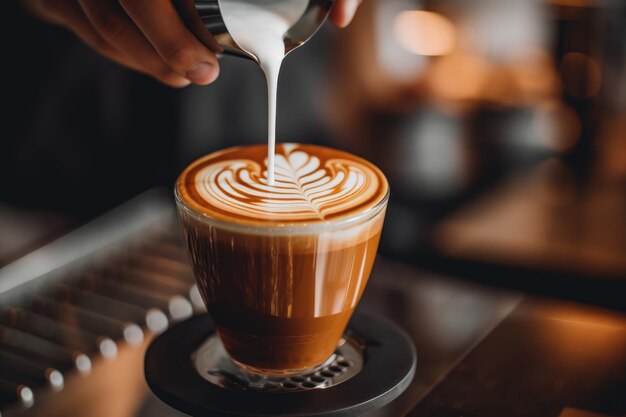 Une personne versant un café au lait dans une tasse de café