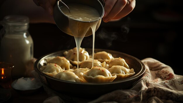 Photo une personne versant de la sauce sur la nourriture avec une cuillère