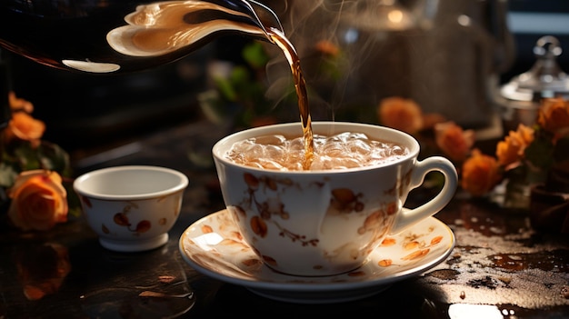 une personne verse du café noir d'une théière en céramique blanche dans une tasse à café