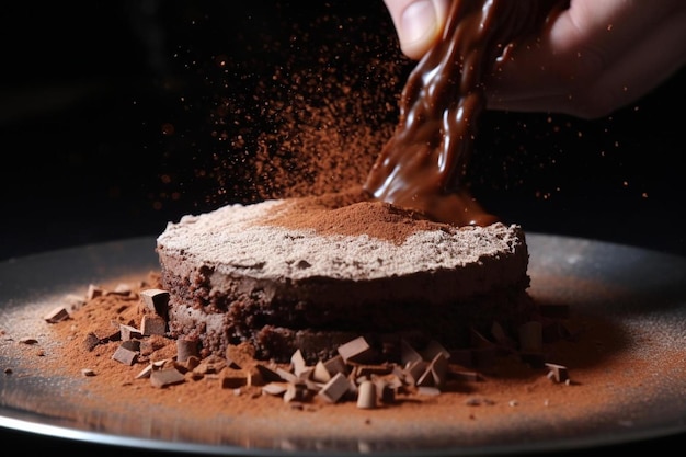 une personne verse du chocolat dans un gâteau.