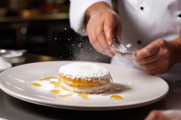 Photo une personne verse de la poudre sur une assiette avec un gâteau dessus