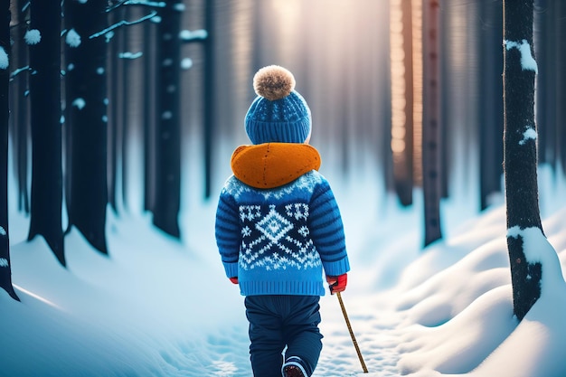 une personne en veste bleue marche dans la neige.