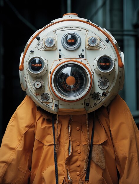 une personne avec une veste jaune et une veste orange qui dit le robot