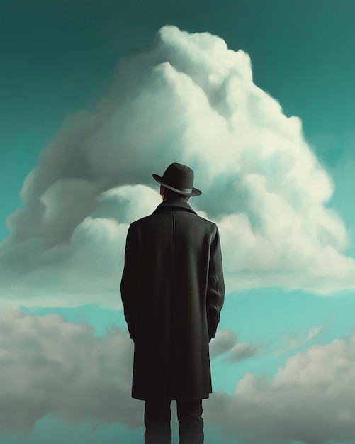 Une personne en veste noire debout face aux nuages se couvrant la tête
