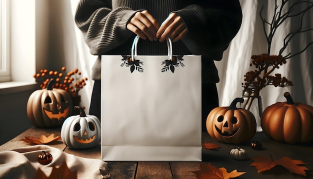 Photo une personne vêtue de noir tient un sac cadeau blanc, une maquette de photo d'halloween générée par ai.
