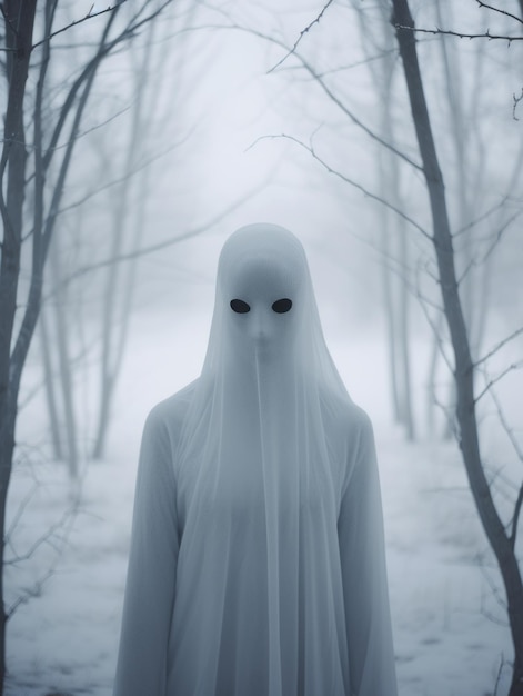 une personne vêtue d'une robe blanche fantomatique se tenant au milieu d'une forêt brumeuse