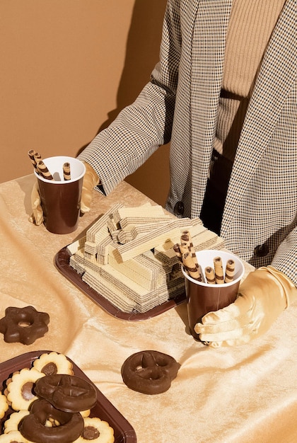 Personne vintage dans l'espace de composition de biscuits sucrés. Art alimentaire minimal de nature morte. Amateur de chocolat. Temps de fête de vacances, saison de célébration de Noël d'hiver