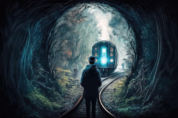 Personne voyageant en train à travers une forêt magique et enchantée