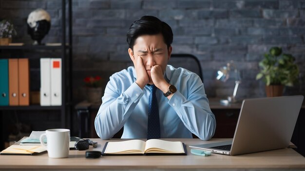 Photo personnel de bureau d'homme d'affaires asiatique avec effet de syndrome de bureau douleur corporelle idées de santé concept