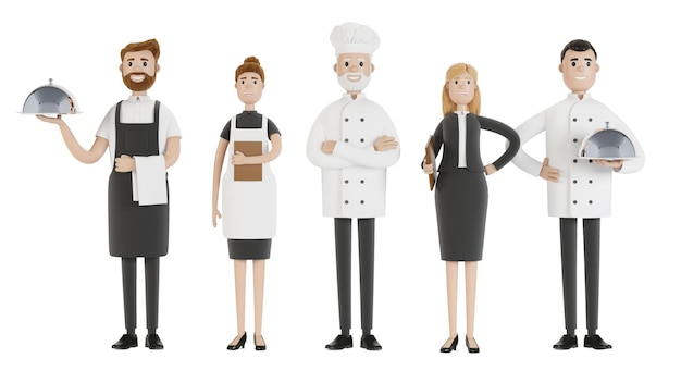 Personnel du restaurant : chef, cuisinier, assistant, gérant, serveur. Professionnels de la restauration en uniforme. Illustration 3D en style cartoon.