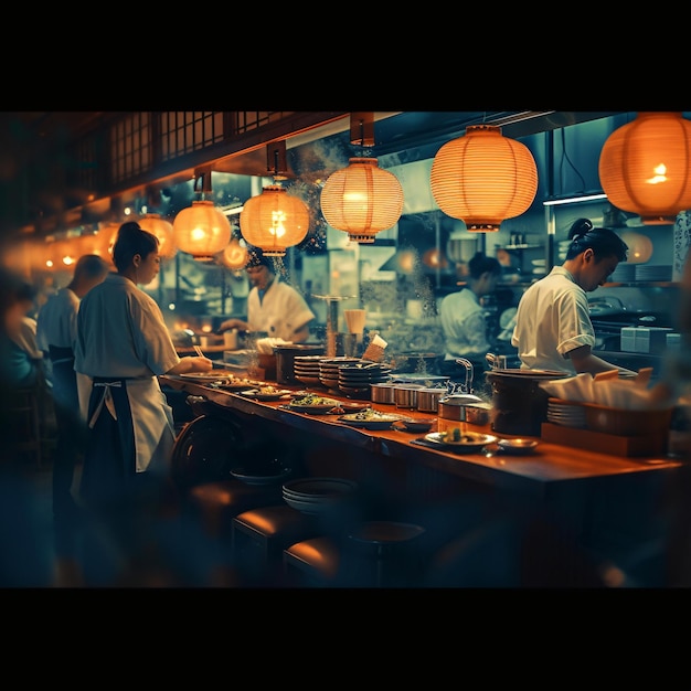 Photo le personnel du restaurant japonais est en mouvement.