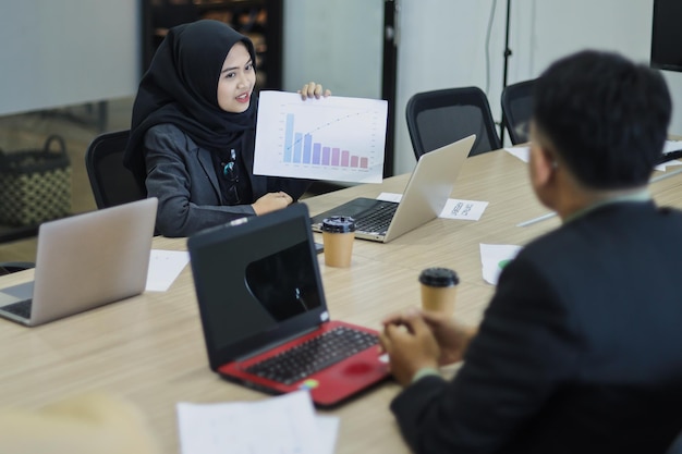 Le personnel exécutif de la femme présente le rapport du graphique des ventes lors de la réunion.