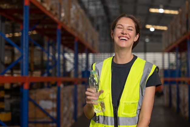 Personnel de l'ingénieur femme riant sourire heureux travailleur femme vraie expression de blague drôle sur le lieu de travail