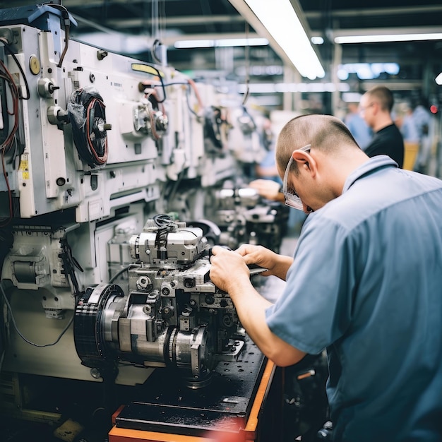 Personnels qualifiés exploitant diverses machines dans une usine manufacturière ou industrielle