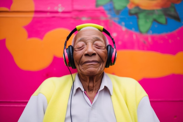 Photo des personnes âgées apprécient la musique avec les yeux fermés sur fond de néon