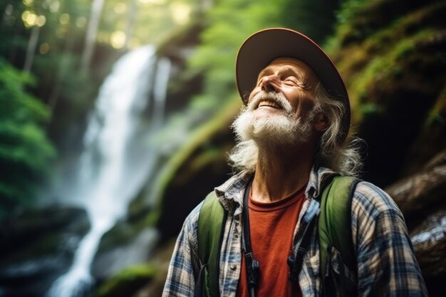 Des personnes âgées en bonne santé ou des hommes âgés portant des vêtements de randonnée voyagent joyeusement avec une cascade naturelle dans la forêt et les personnes âgées se sentent détendues et respirent profondément l'air frais