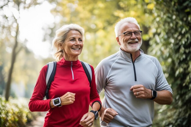 Personnes âgées comparant les pas effectués sur des trackers de fitness lors d'une promenade matinale