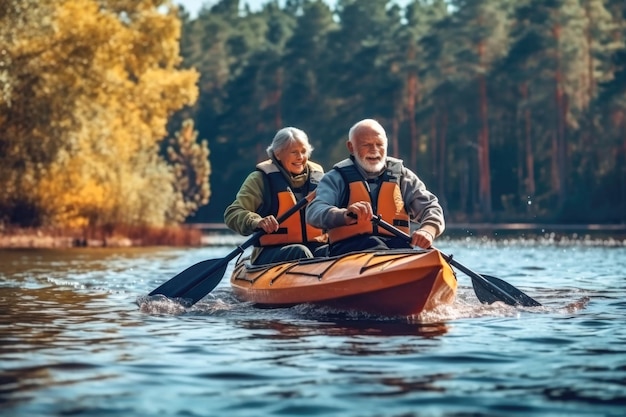 personnes âgées faisant du kayak sur le lac portant des gilets de sauvetage Voyage pour les retraités