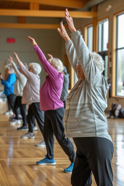 Des personnes âgées faisant des exercices d'étirement dans un centre communautaire