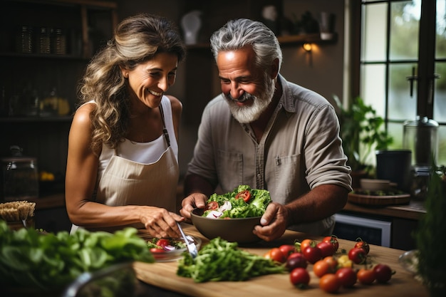des personnes âgées heureuses et en bonne santé préparent de la nourriture végétalienne à la maison