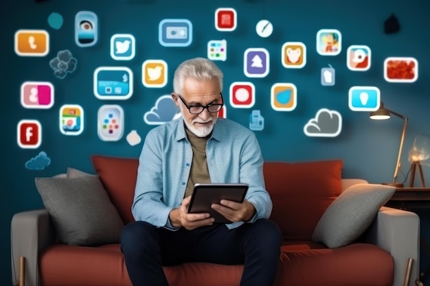 Les personnes âgées ou les hommes âgés commencent à s'entraîner à utiliser les médias sociaux et à apprendre les médias sociaux en utilisant un ordinateur portable, un téléphone ou une tablette.