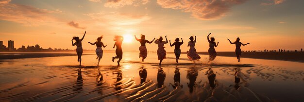 Des personnes âgées joyeuses embrassent la sérénité de la retraite au milieu d'un couchant de soleil à couper le souffle sur la plage