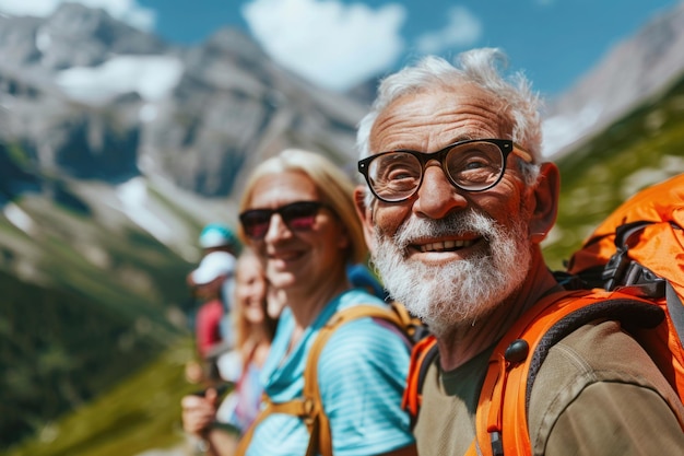 Personnes âgées matures actives en randonnée en montagne