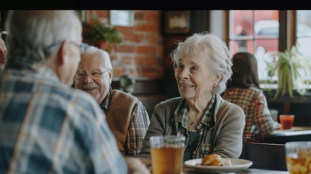 Les personnes âgées positives profitent d'un repas sain et de conversations animées dans la communauté de retraite