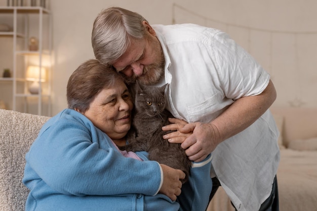 Les personnes âgées prennent soin des chats et en profitent à la maison