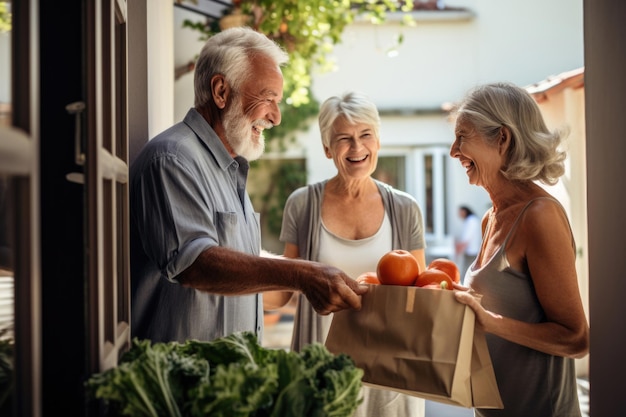 Les personnes âgées ravies des légumes Aider les personnes âgées à livrer leurs courses à domicile