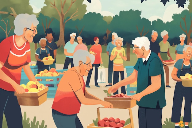 Des personnes âgées s'engageant joyeusement dans un événement de service communautaire en recueillant et en partageant des fruits frais.