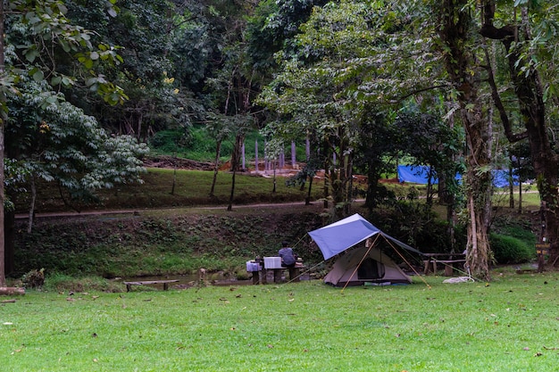 Personnes assises sur un banc en allant camper