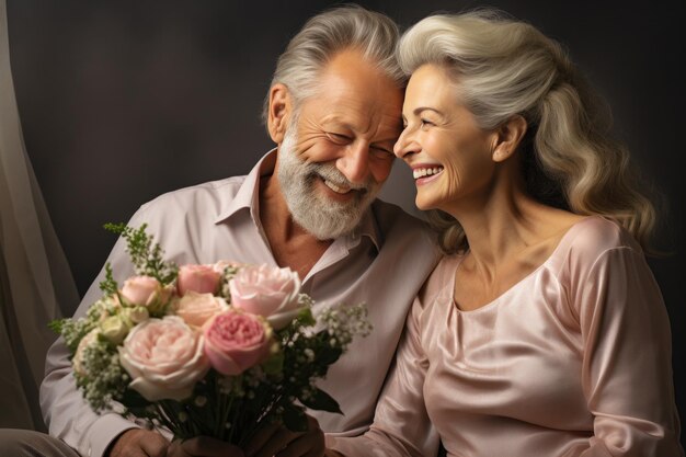 personnes assises sur un canapé photo de stock d'un couple de personnes âgées avec un bouquet de fleurs