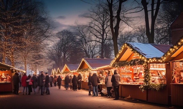 Personnes bénéficiant d'un marché de Noël traditionnel avec des stands en bois et des lumières rougeoyantes