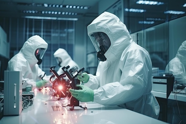 Personnes en blanc isolant des costumes travaillant en laboratoire