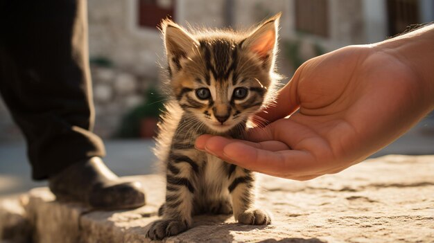 Des personnes caressent un chaton tabby dans la rue