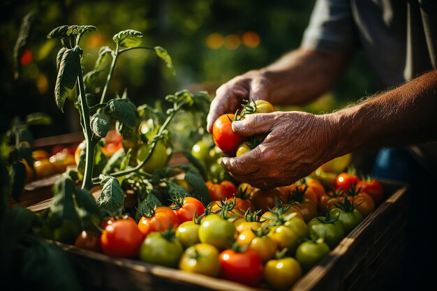 Photo des personnes cueillent à la main des tomates dans un carton de légumes