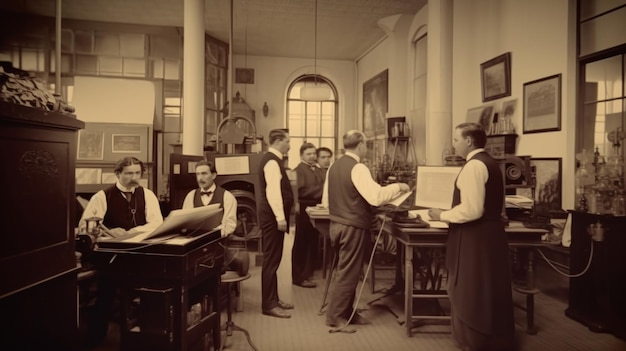 Personnes dans un bureau de laboratoire futuriste rétro du 19ème siècle Photo de carte de Cabinet