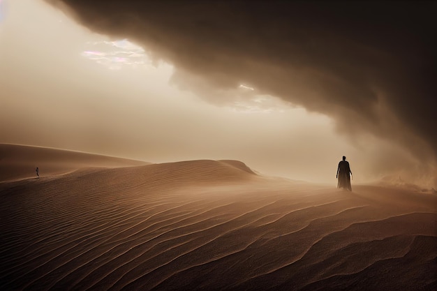 Personnes dans une dune de sable sur un ciel nuageux poussiéreux