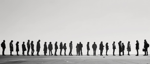 personnes dans une ligne debout séparées sur une route vue de distance photo noir et blanc