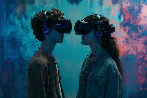 Des personnes debout utilisant des lunettes de réalité virtuelle et des casques