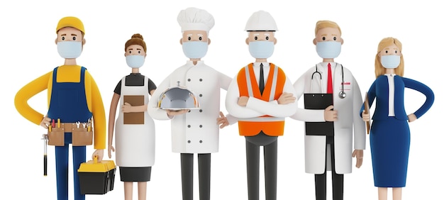 Personnes de différentes professions dans des masques médicaux Builder femme serveur cuisinier ingénieur médecin et enseignant Fête du Travail Illustration 3D en style cartoon