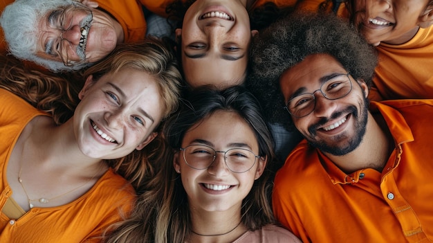 Photo des personnes de différents groupes d'âge, des très jeunes adolescents aux grands-pères, ont une expérience client souriante en couleur orange.