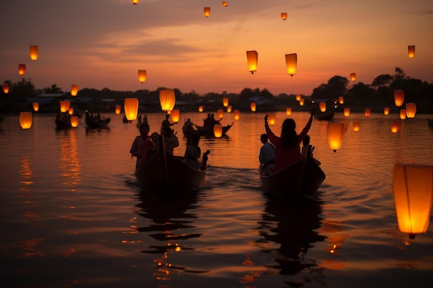 Personnes flottant des lanternes dans l'eau au coucher du soleil