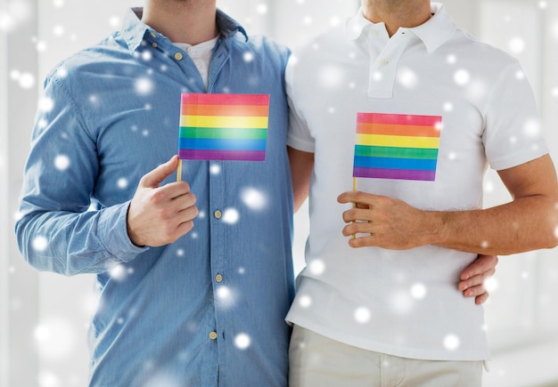 personnes, homosexualité, mariage homosexuel, concept gay et amour - gros plan d'un couple gay masculin heureux embrassant et tenant des drapeaux arc-en-ciel à la maison sur l'effet de neige