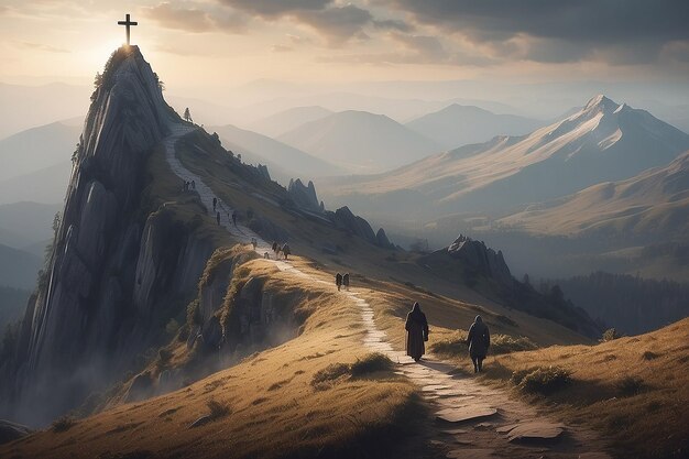 Des personnes marchant vers la sécurité de la Croix sur une montagne