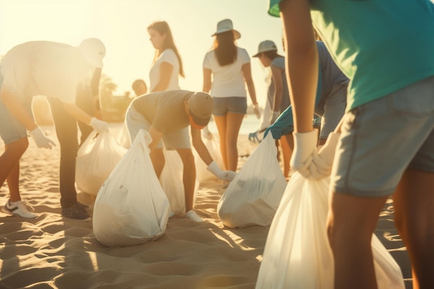 personnes méconnaissables participant à un nettoyage de plage favorisant la conservation de l'environnement