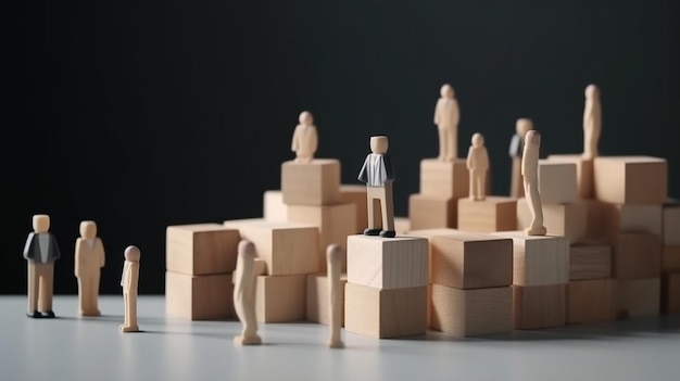 Des personnes miniatures se tiennent au-dessus de blocs de bois Concept de réussite commerciale